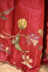 Maroon Tussar Silk Saree with Pitta Zari and Applique Work