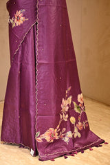 Purple Tussar Silk Saree with Pitta Zari and Applique