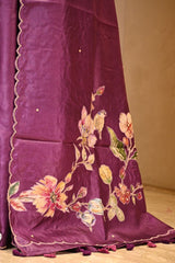 Purple Tussar Silk Saree with Pitta Zari and Applique