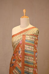 Rust Tussar Silk Saree with Digital Printed Stripes