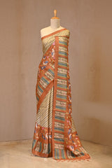 Rust Tussar Silk Saree with Digital Printed Stripes