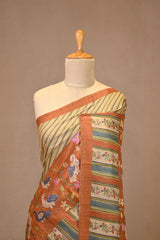 Rust Tussar Silk Saree with Digital Printed Stripes