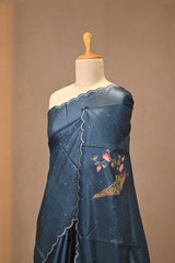 Peacock Blue Tussar Silk Saree with Applique Work