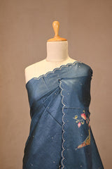 Peacock Blue Tussar Silk Saree with Applique Work