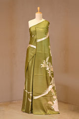 Henna Green Tussar Silk Saree with Floral Applique Pallu