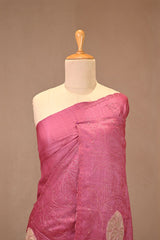 Pink Tussar Silk Saree with Applique Work and Zari Border