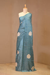 Blue Tussar Silk Saree with Applique Work and Zari Border