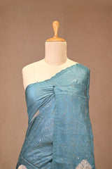 Blue Tussar Silk Saree with Applique Work and Zari Border