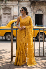 Yellow Tussar Silk Saree with Resham Buti & Organza Border