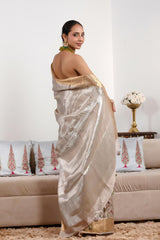 Silver Tissue Silk Saree with Floral & Birds Embroidery