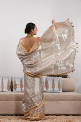 Silver Tissue Silk Saree with Floral & Birds Embroidery