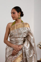 Silver Tissue Silk Saree with Floral & Birds Embroidery