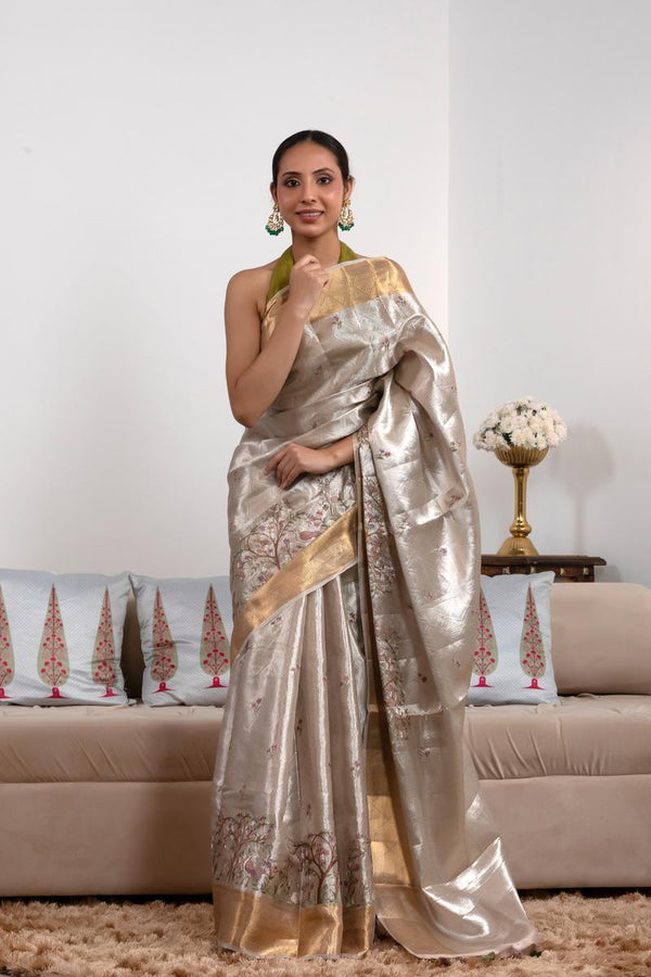 Silver Tissue Silk Saree with Floral & Birds Embroidery