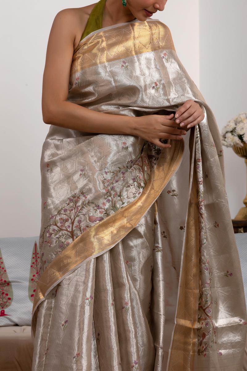 Silver Tissue Silk Saree with Floral & Birds Embroidery