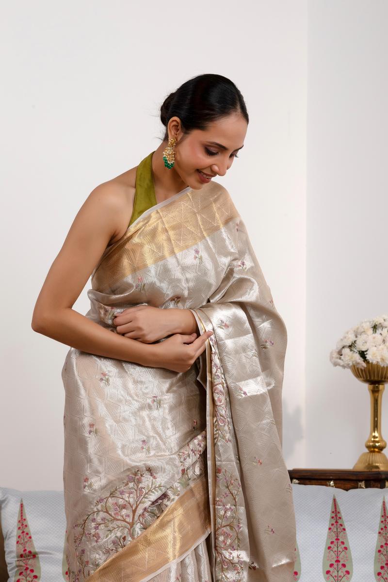Silver Tissue Silk Saree with Floral & Birds Embroidery