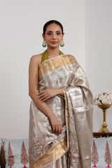 Silver Tissue Silk Saree with Floral & Birds Embroidery
