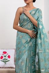 Blue Crushed Tissue Silk Saree with Watergold Zari Floral Buta