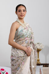 Ivory White Tissue Silk Saree with Roses Floral Embroidery