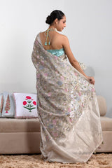 Ivory White Tissue Silk Saree with Roses Floral Embroidery