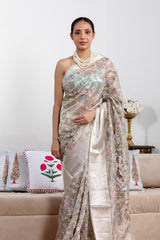 Ivory White Tissue Silk Saree with Roses Floral Embroidery