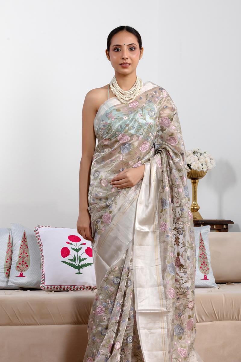 Ivory White Tissue Silk Saree with Roses Floral Embroidery