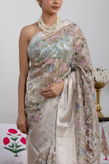 Ivory White Tissue Silk Saree with Roses Floral Embroidery