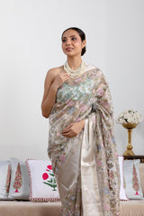 Ivory White Tissue Silk Saree with Roses Floral Embroidery