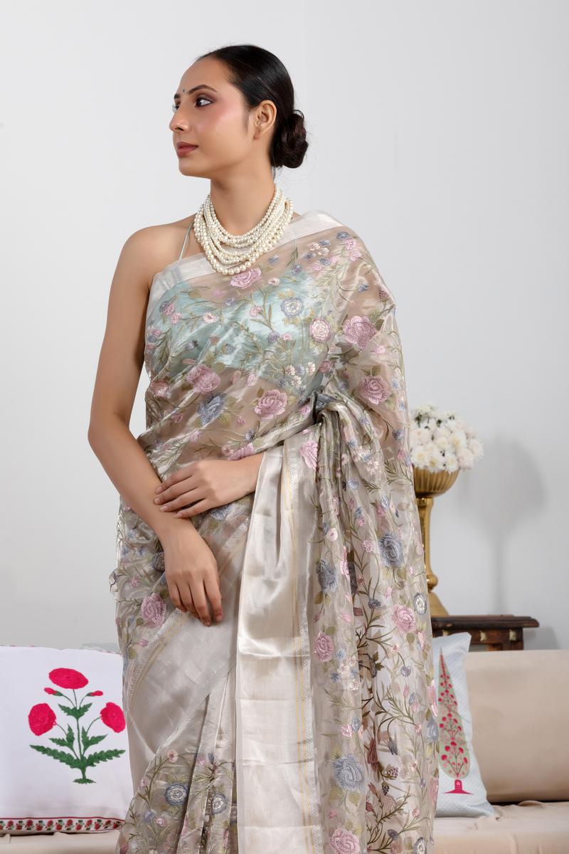 Ivory White Tissue Silk Saree with Roses Floral Embroidery