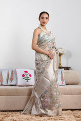 Ivory White Tissue Silk Saree with Roses Floral Embroidery