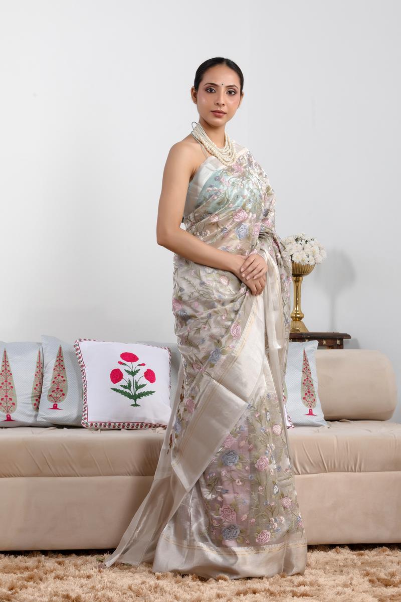 Ivory White Tissue Silk Saree with Roses Floral Embroidery