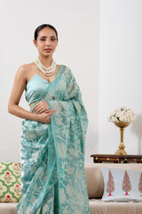 Sky Blue Banarasi Tissue Silk Saree with Applique & Floral Embroidery