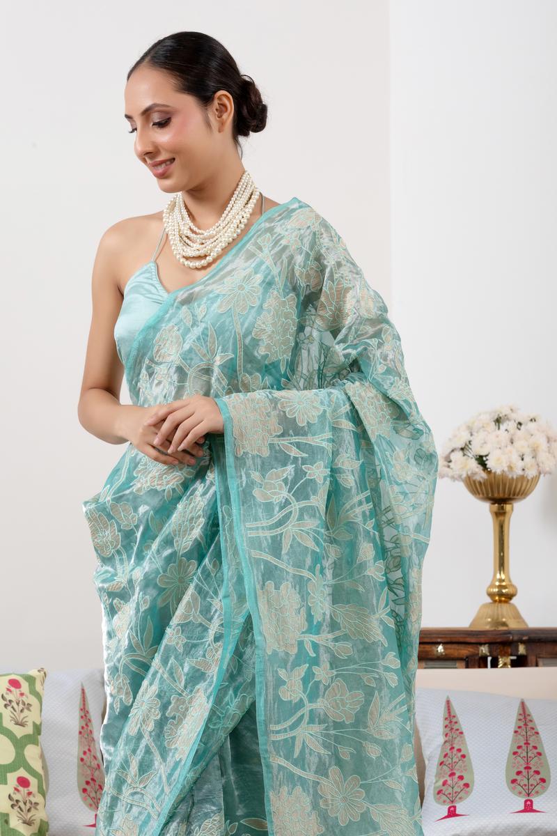 Sky Blue Banarasi Tissue Silk Saree with Applique & Floral Embroidery