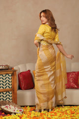Yellow Organza Silk Saree with Crushed Tissue Zari Stripes