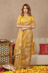Yellow Organza Silk Saree with Crushed Tissue Zari Stripes
