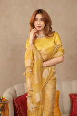 Yellow Organza Silk Saree with Crushed Tissue Zari Stripes