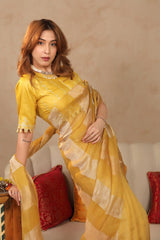 Yellow Organza Silk Saree with Crushed Tissue Zari Stripes