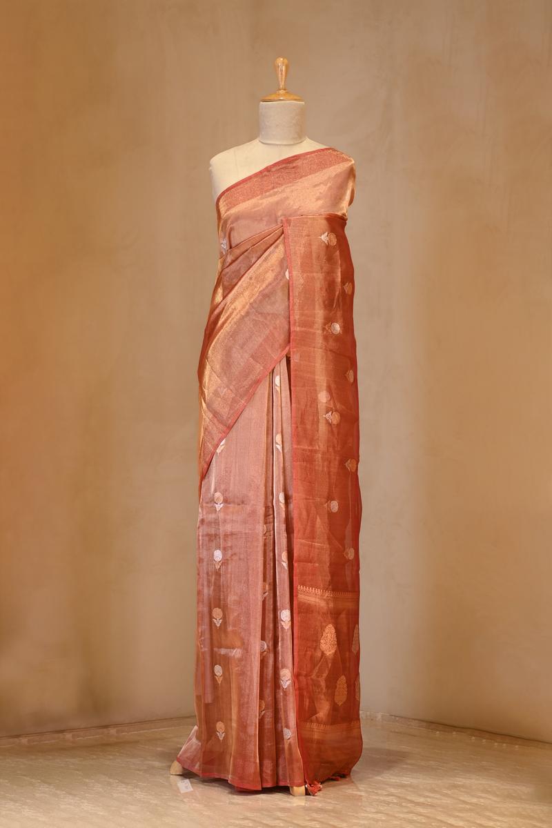 Metallic Rust Tissue Silk Saree with Gold-Silver Zari Floral Motifs