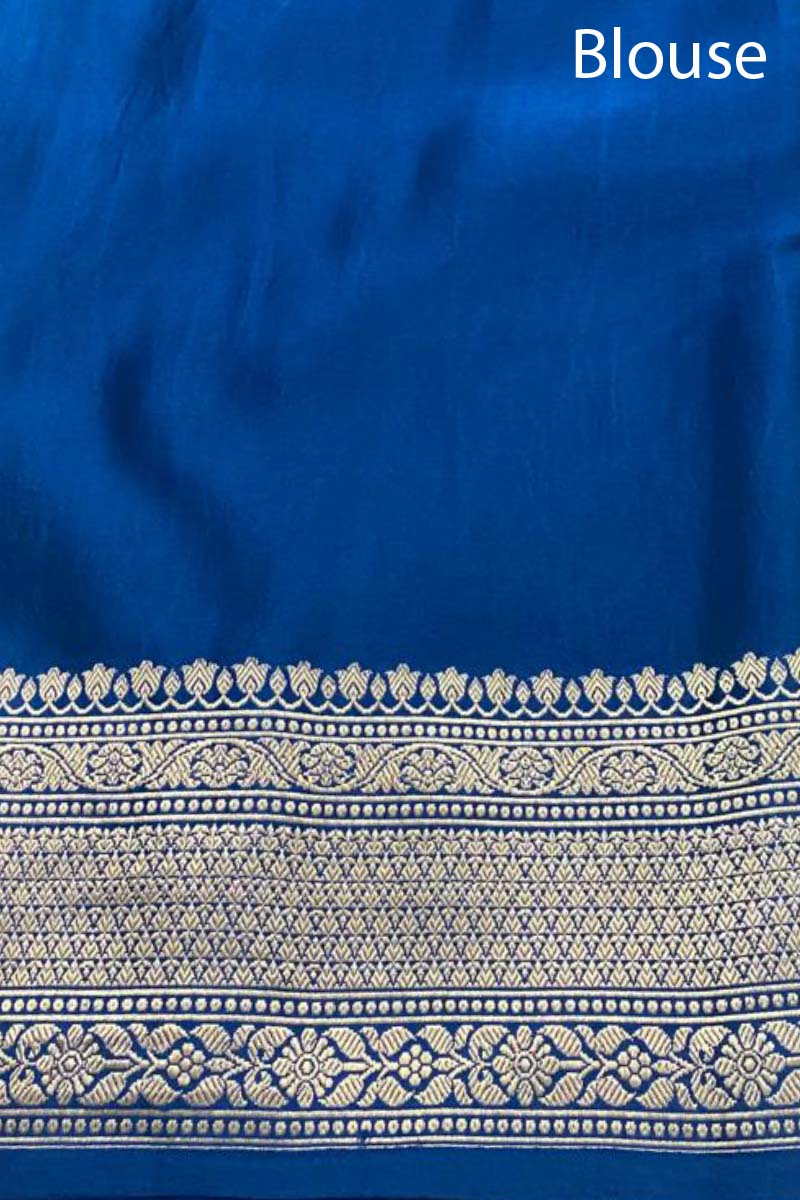 German Blue Handloom Satin Silk Saree