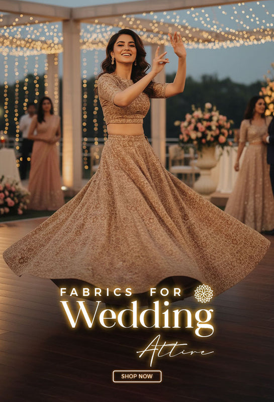 A woman in a lehenga blouse made of Banarasi silk fabric dancing in wedding and text overlay.