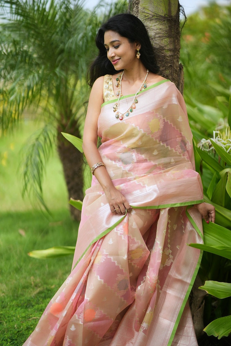 Green & Pink Floral Woven Banarasi Organza Saree