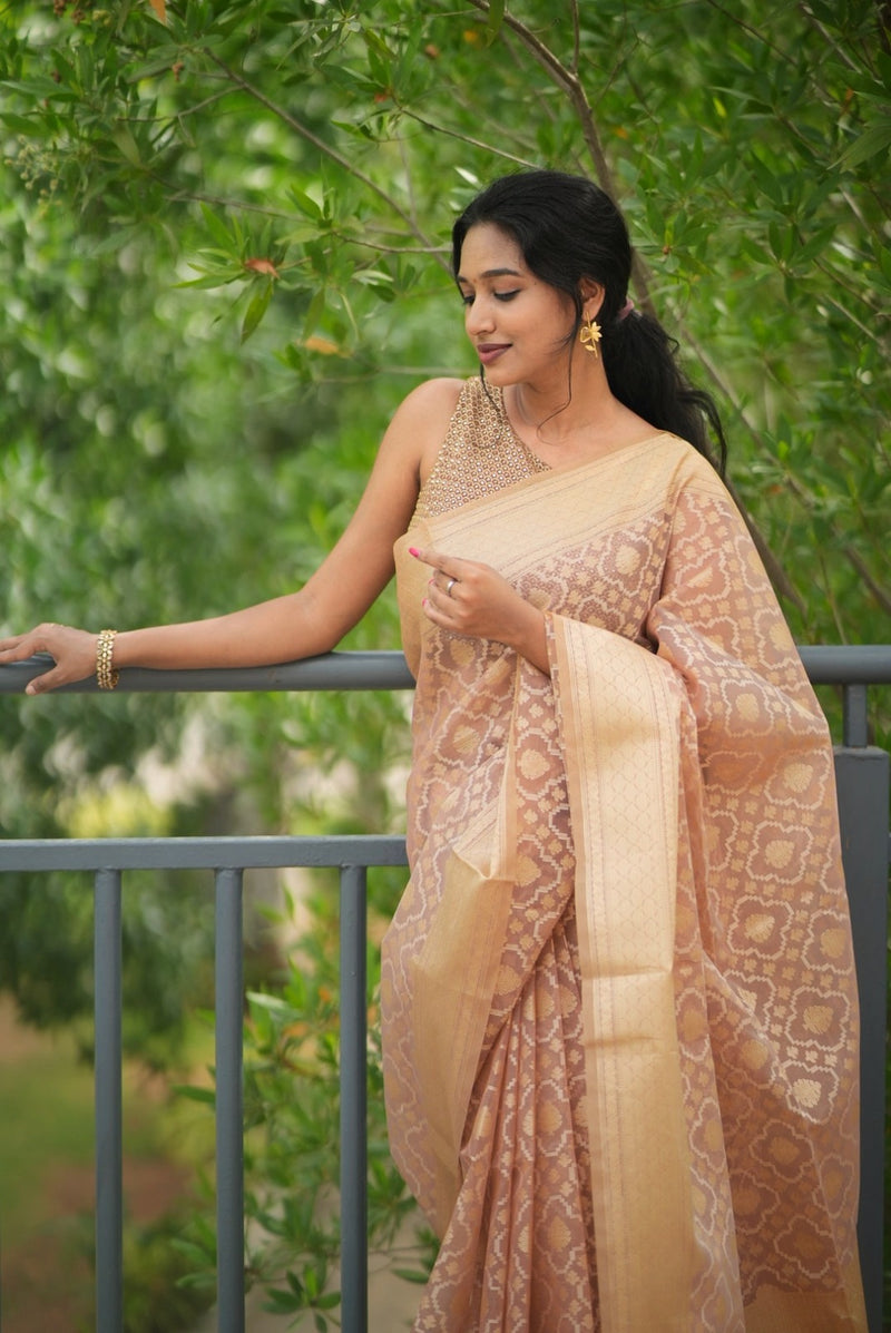 Pavithra Prakash In Almond Beige Ethnic Woven Banarasi Organza Silk Saree - Chinaya Banaras