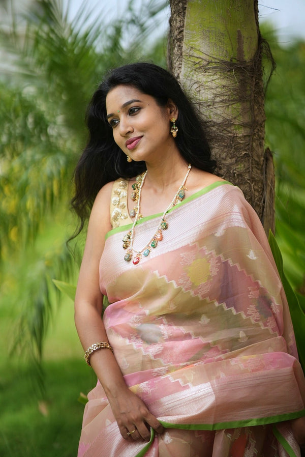 Green & Pink Floral Woven Banarasi Organza Saree
