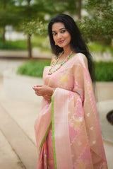 Green & Pink Floral Woven Banarasi Organza Saree
