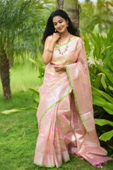 Green & Pink Floral Woven Banarasi Organza Saree