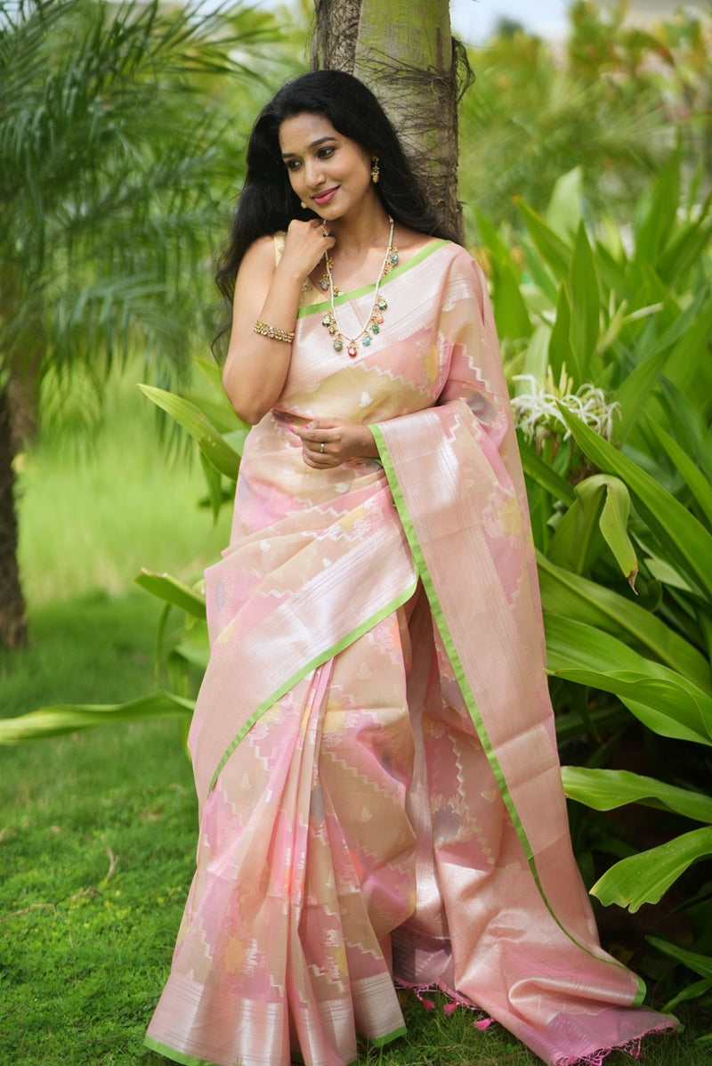 Women In Green & Pink Floral Woven Banarasi Organza Saree At Chinaya Banaras