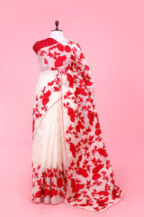 Red & white saree, organza saree, Bollywood saree, Banarasi saree, party wear saree