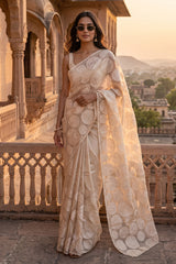 women in White Half and Half Tussar Silk Saree with Applique Work