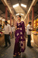 Wine Handloom Banarasi Silk Saree with Gayatri Mantra