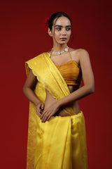 Woman in a yellow saree with a red background