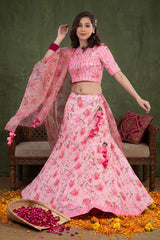 Baby Pink Floral Printed Embellished Cotton Lehenga